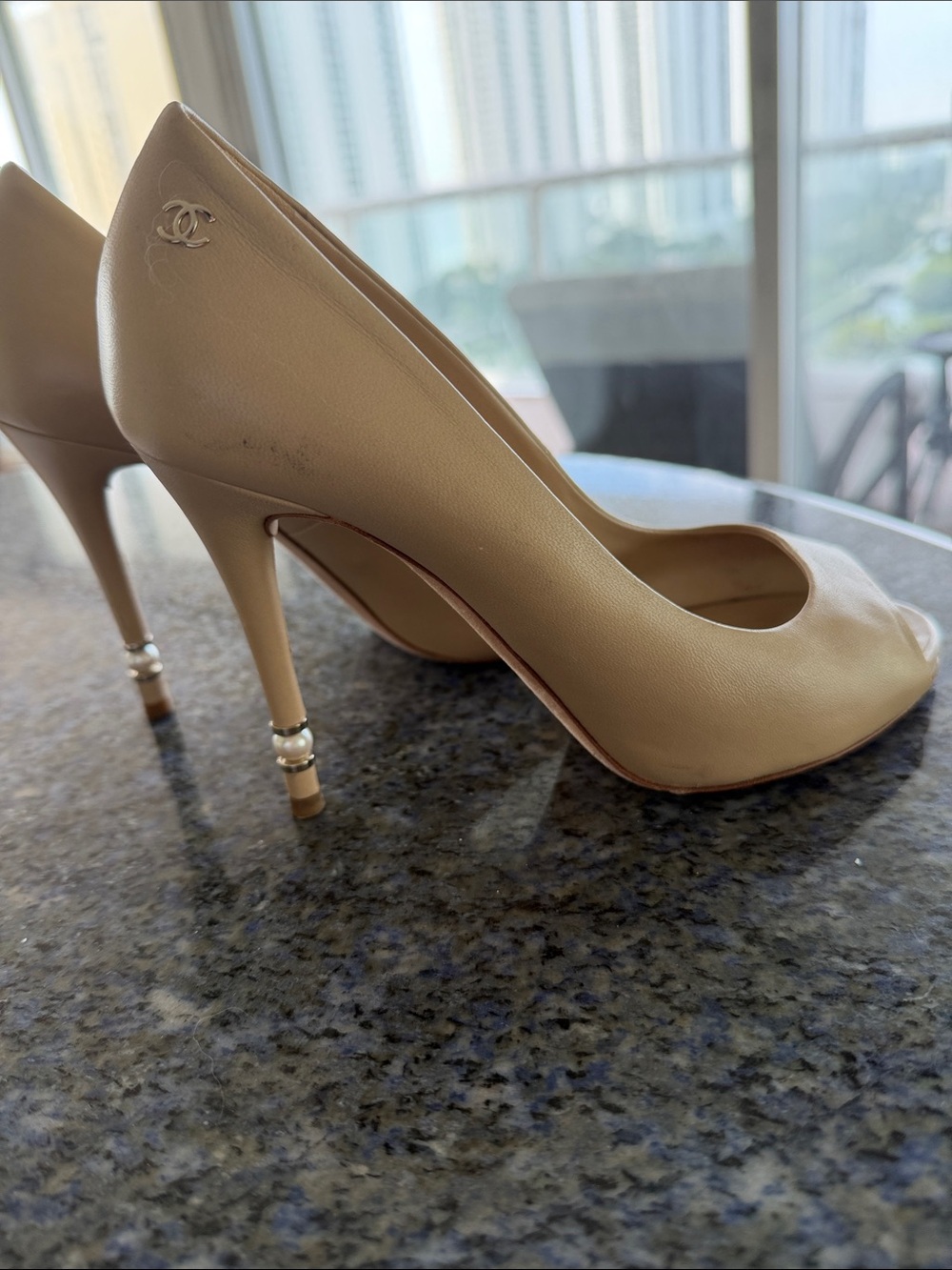 CHANEL Nude Leather Peep-Toe Stiletto Pumps